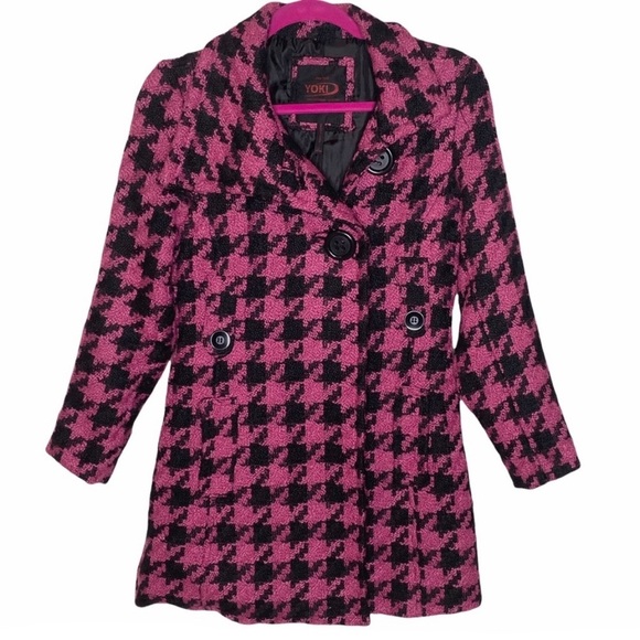 Yoki ❤︎ Wool Houndstooth Peacoat Jacket Overcoat ❤︎ Pink Size Large 12-14 ❤︎ - Picture 14 of 16